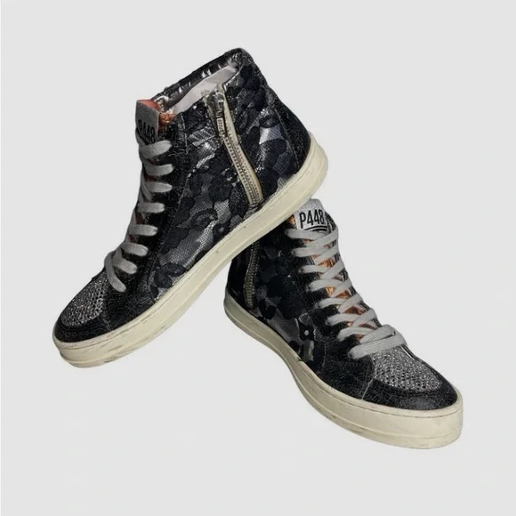 P448 Women’s Black, Metallic and Lace High Tops, Size 9-9.5 - Picture 2 of 10